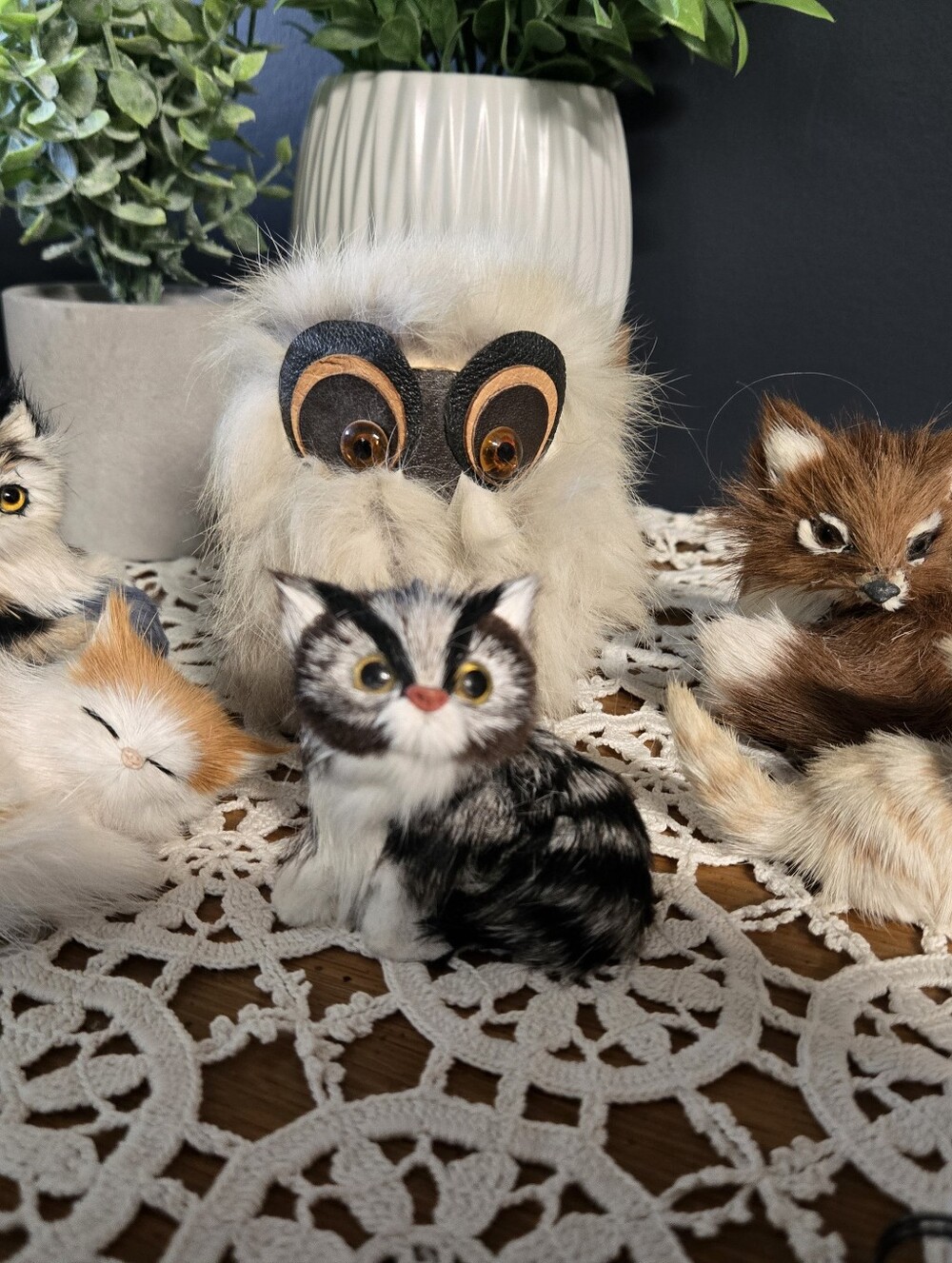 Set of 6 Fur-Covered Animal Figurines – Cats, Owl & Fox